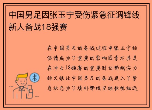 中国男足因张玉宁受伤紧急征调锋线新人备战18强赛 中国男足因张玉宁受伤紧急征调锋线新人备战18强赛