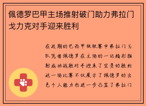 佩德罗巴甲主场推射破门助力弗拉门戈力克对手迎来胜利 佩德罗巴甲主场推射破门助力弗拉门戈力克对手迎来胜利