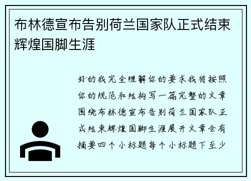布林德宣布告别荷兰国家队正式结束辉煌国脚生涯